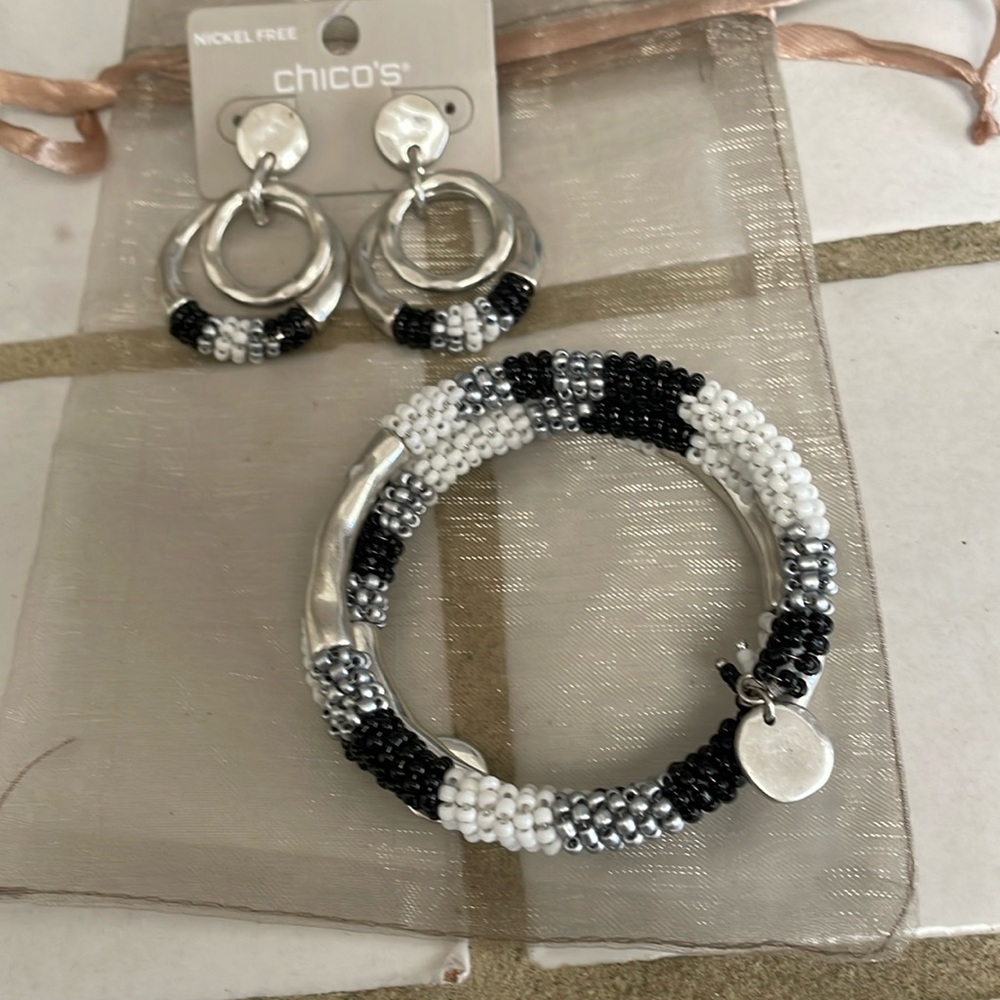 Chico's Black and White Beaded Hoop Earrings
